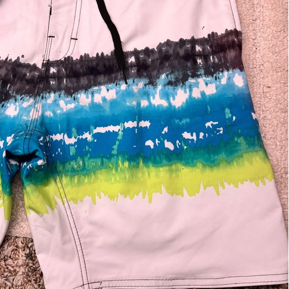 Burnside‎ Board Shorts Men 32 White Blue Tie Dye Stripe Stretch Swim Trunks NWT